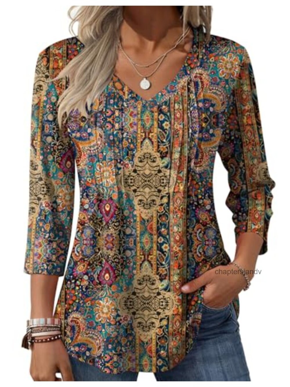 Women's 3/4 Sleeve V-Neck Pleated Boho Floral Blouse